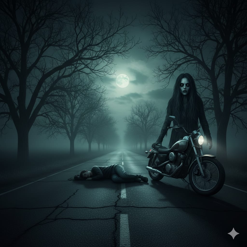 Ilustrasi pengendara motor pingsan melihat penampakan menyeramkan. (ai/Sulistiono)