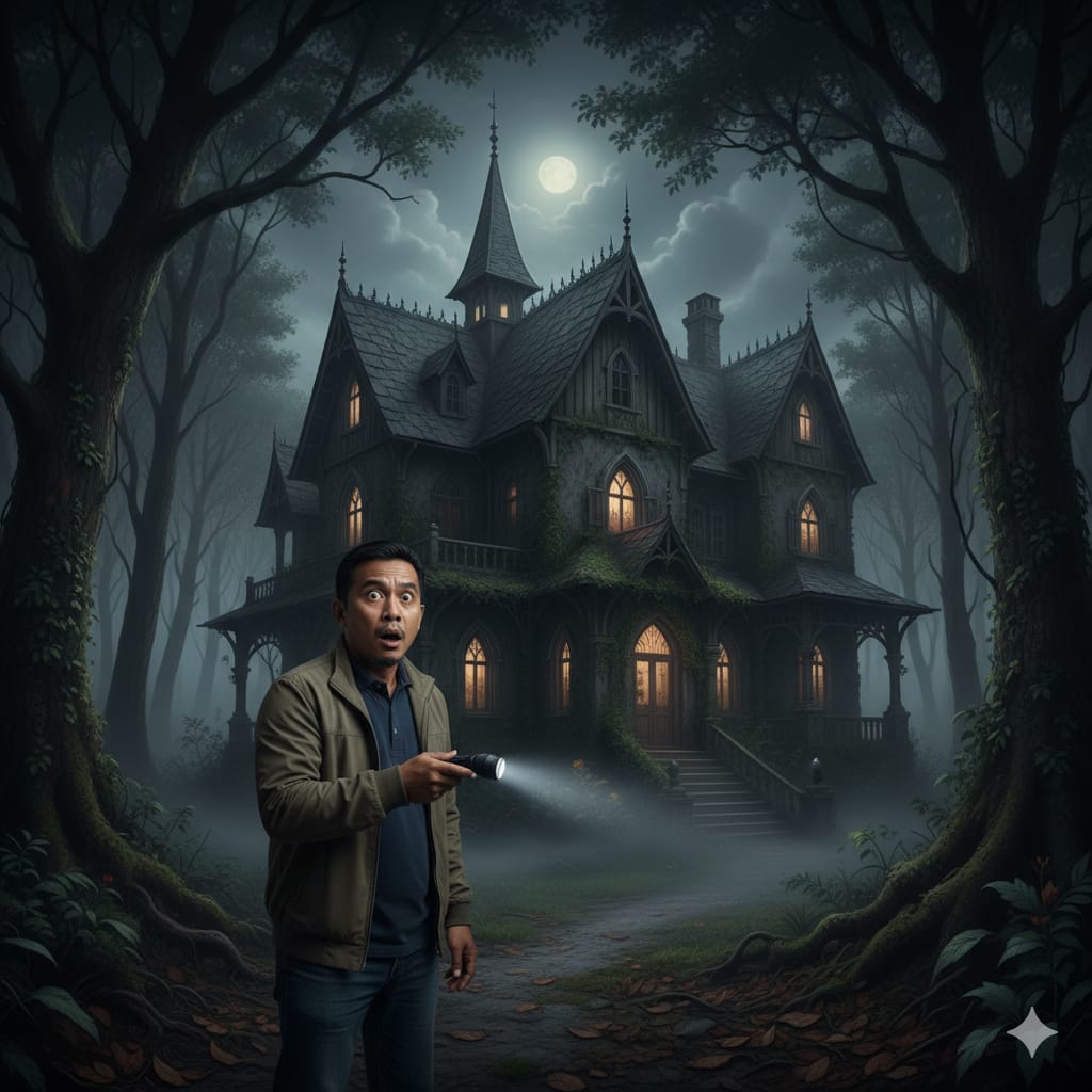 Ilustrasi seorang pria yang berprofesi sebagai driver ojol berada didepan rumah gaib. (ai/Sulistiono)