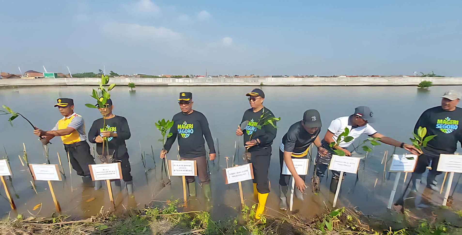 TANAM - Sejumlah perwakilan Forkopimda Kota Pekalongan, secara simbolis menanam bibit bakau di&nbsp;tepi pantai Dusun Klidungan, Kelurahan Degayu, Rabu (15/10/2025).