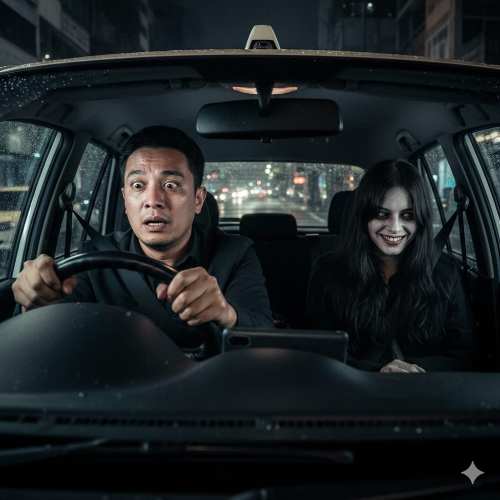 Ilustrasi driver taxi online ketakutan ada penampakan hantu perempuan didalam mobilnya. (ai/Sulistiono)