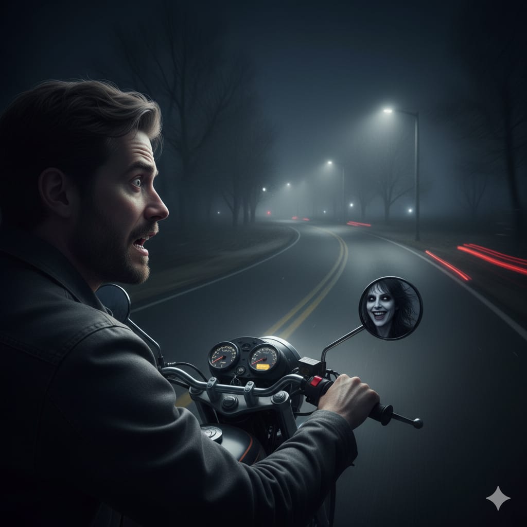 Ilustrasi Pengendara motor ini ketakutan melihat penampakan hantu perempuan lewat kaca spionnya. (ai/Sulistiono)