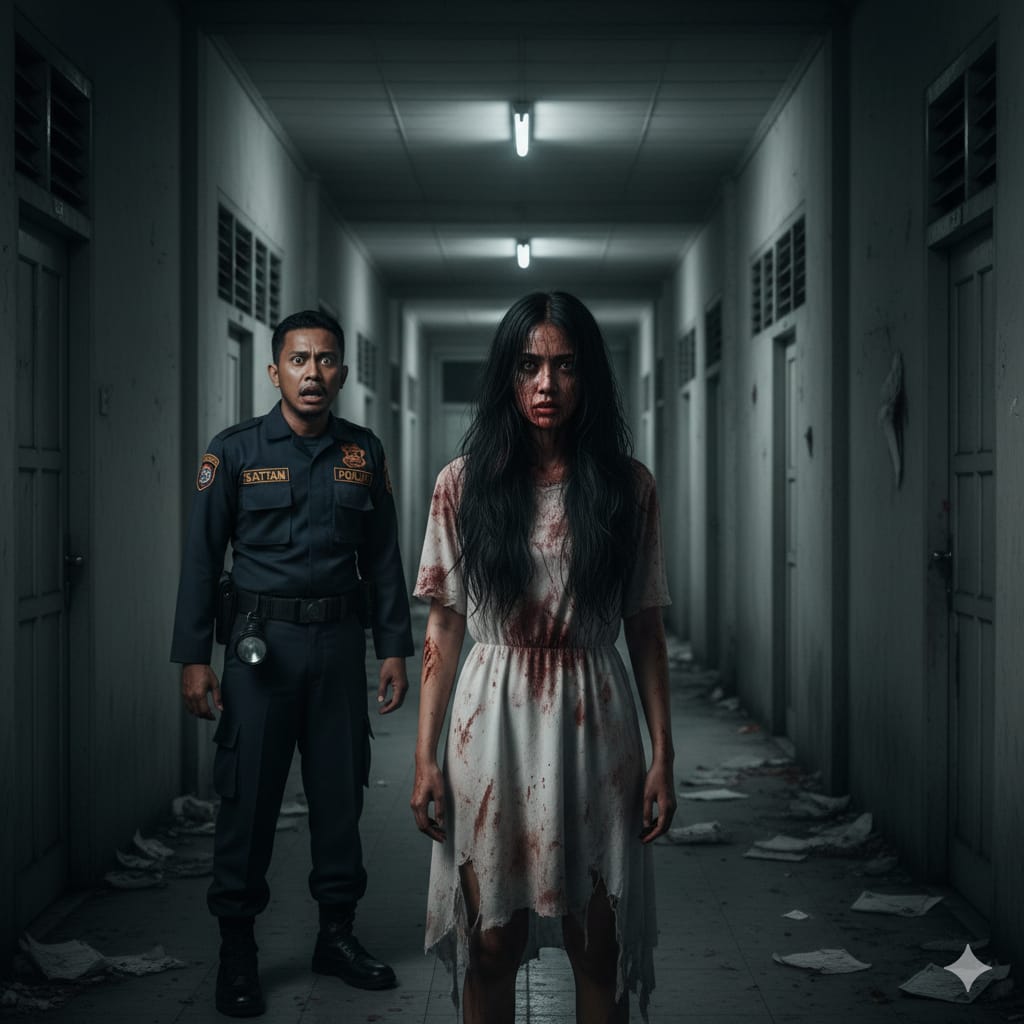 Ilustrasi :Satpam melihat penampakan hantu perempuan saat berjaga malam. (ai/Sulistiono)