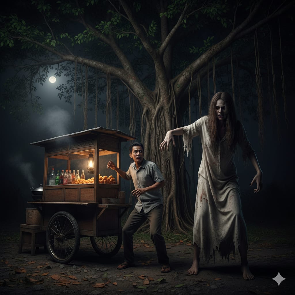 Ilustrasi: Pedagang makanan keliling ketakutakan melihat penampakan sosok hantu perempuan menyeramkan. (ai/Sulistiono)