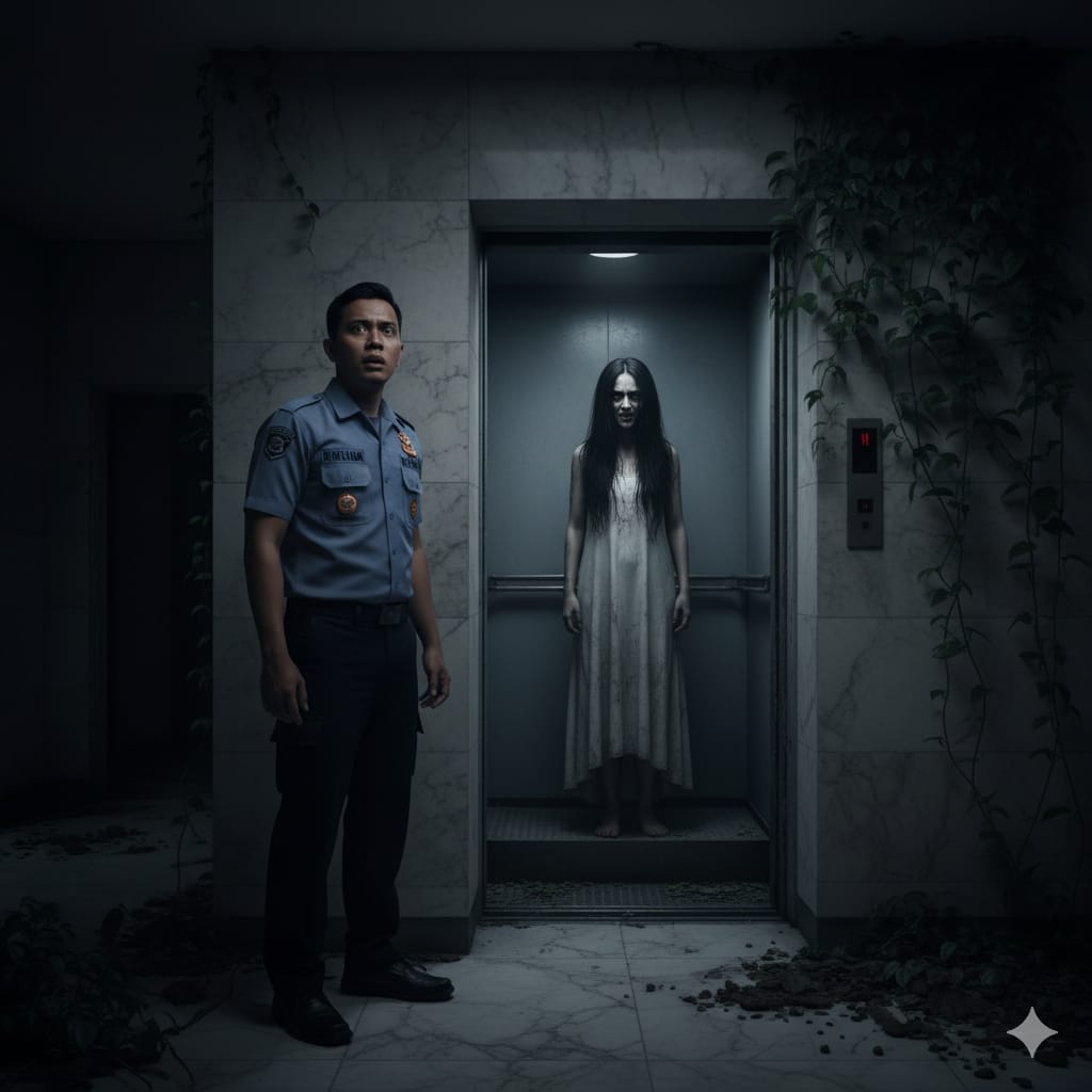 Ilustrasi Satpam ini kaget saat melihat penampakan hantu didalam lift.