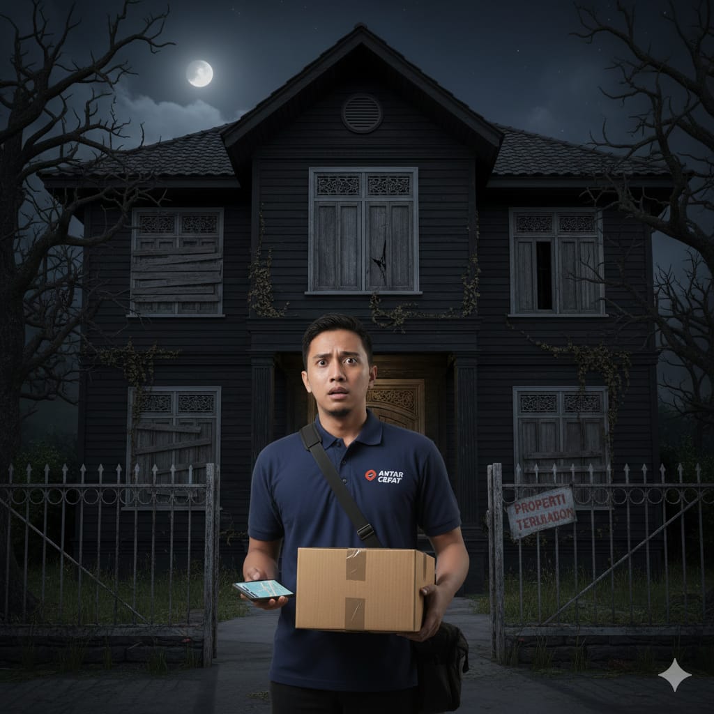 Ilustrasi kurir mengirim barang ke rumah yang sudah lama tak berpenghuni. (ai/Sulistiono)