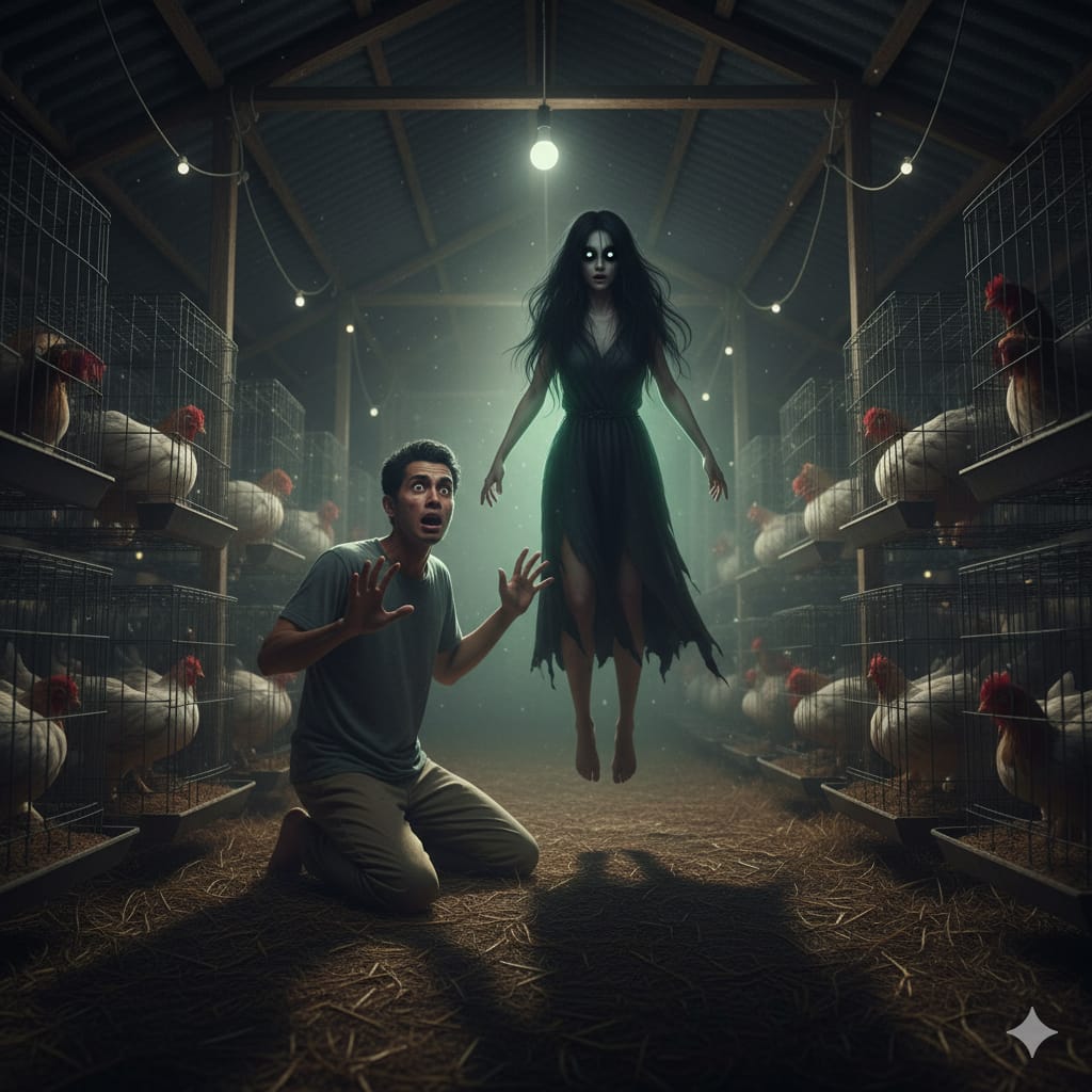 Ilustrasi :Penjaga malam peternakan ayam ketakutan melihat hantu perempuan berwajah menyeramkan. (ai/Sulistiono)