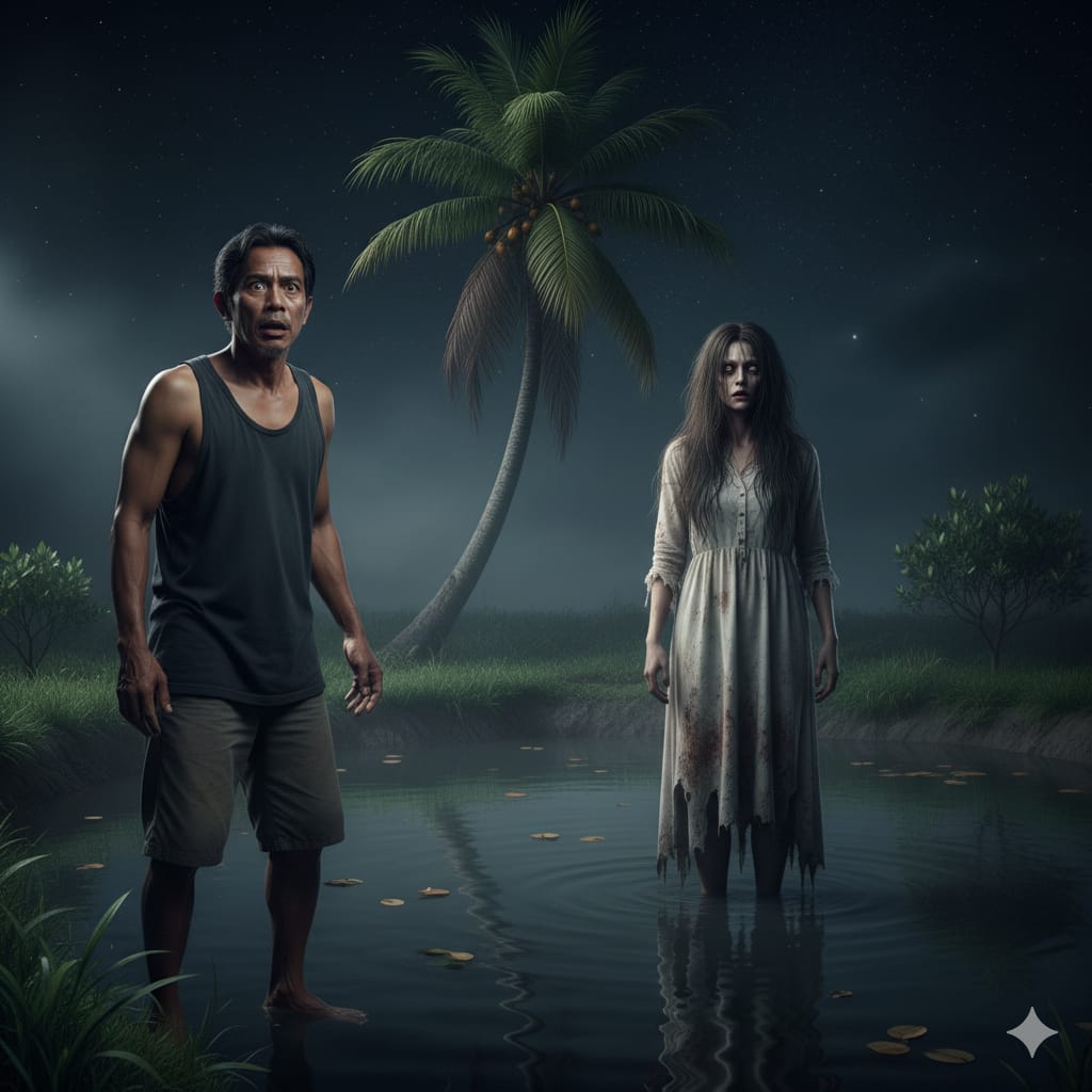 Ilustrasi Penjaga malam tambak ikan ketakutan melihat penampakan sosok perempuan misterius diatas air tambak. (ai/Sulistiono)