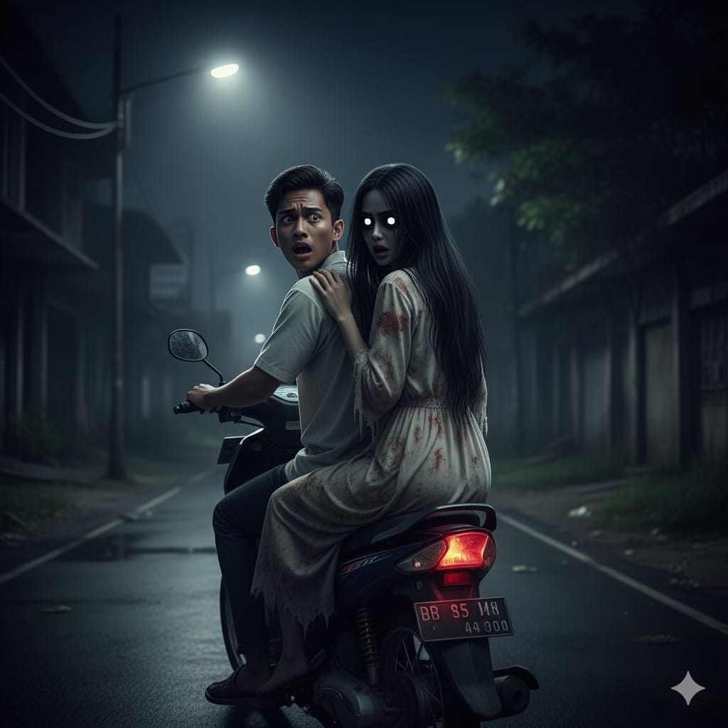 Ilustrasi : Pengendara motor ini dicegat sosok hantu perempuan yang membonceng di jok motornya. (ai/Sulistiono)