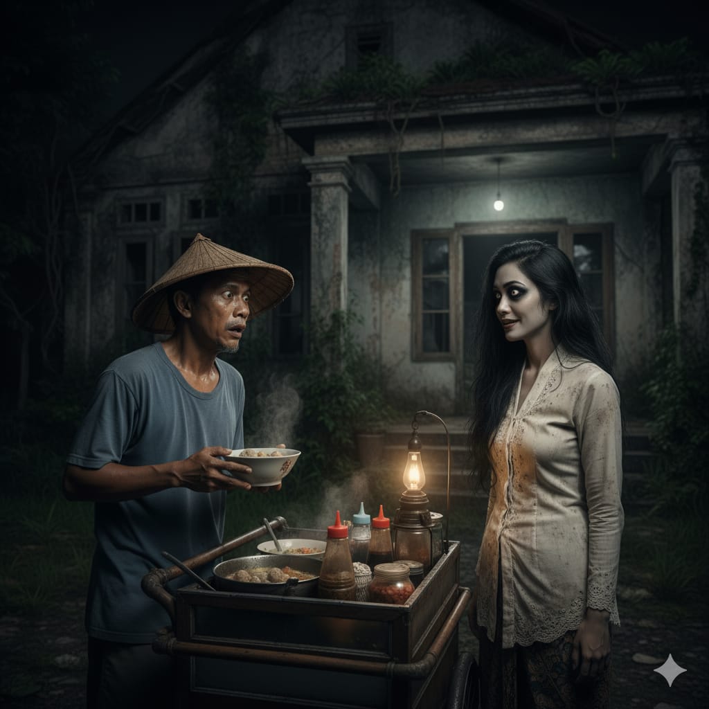 Ilustrasi :Pedagang bakso keliling ketakutan ternyata pembelinya arwah korban kebakaran. (ai/Sulistiono)