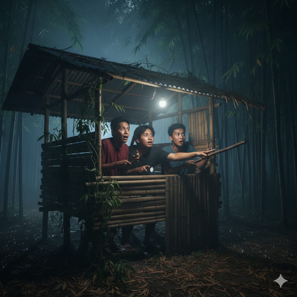 ilustrasi :Tiga orang anak muda yang sedang begadang di Pos Kamling ketakutan mendengar suara misterius. ((ai/Sulistiono)