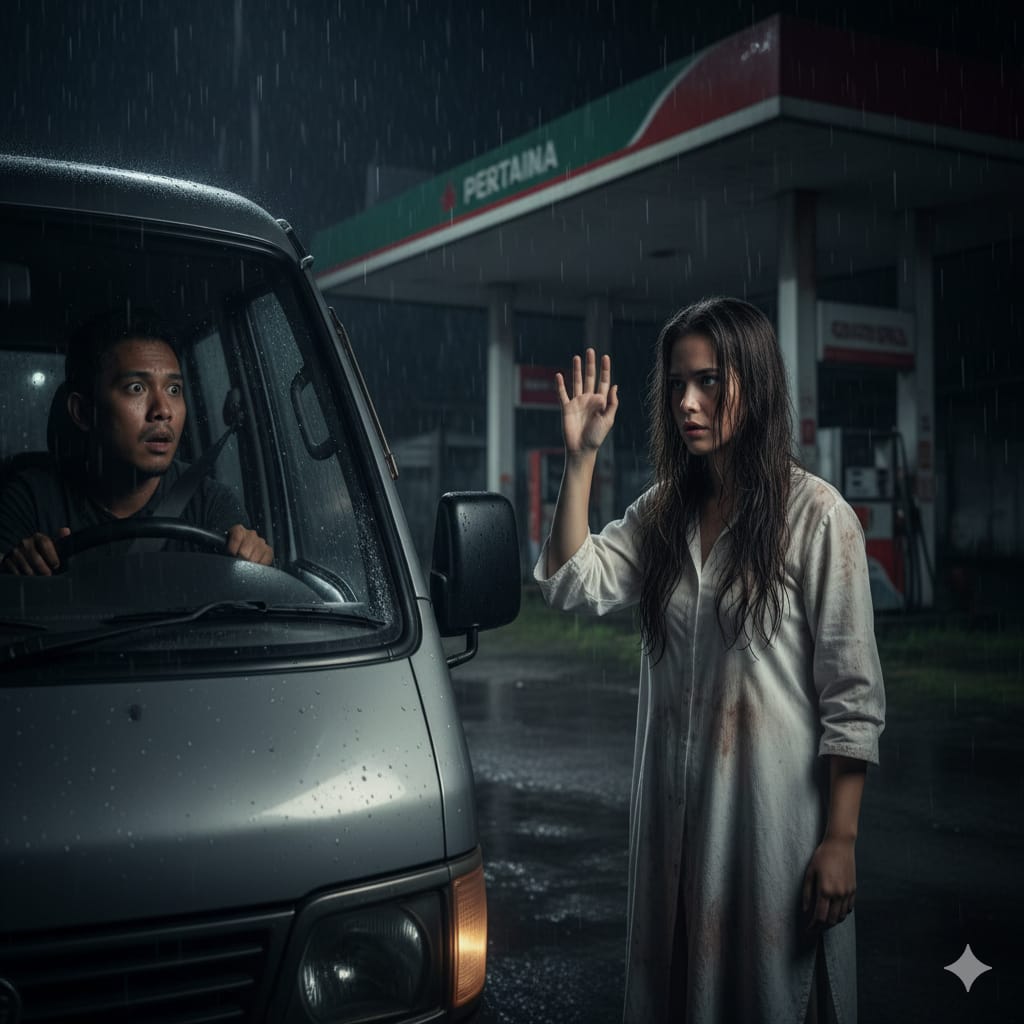 Ilustrasi : Driver travel dicegat perempuan misterius ditengah jalan. (ai/Sulistiono)