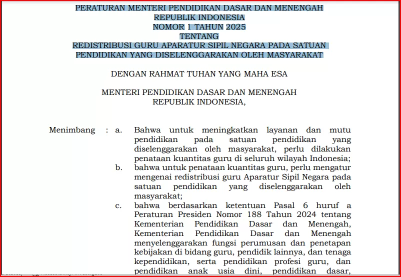 Peraturan Menteri Pendidikan Dasar dan Menengah Nomor 1 Tahun 2025
