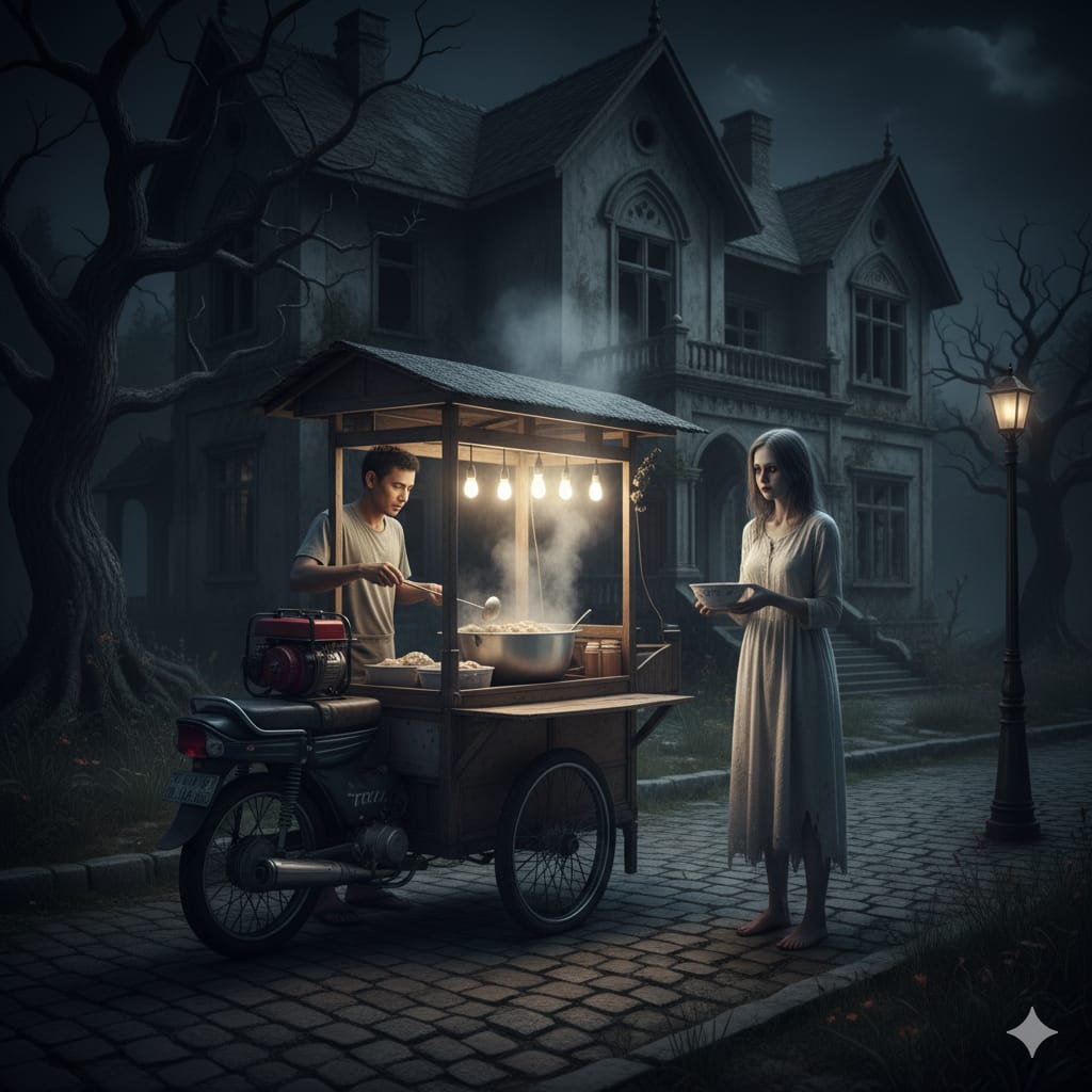 Ilustrasi :Pedagang bakso keliling dan pembeli misterius. (ai/Sulistiono)