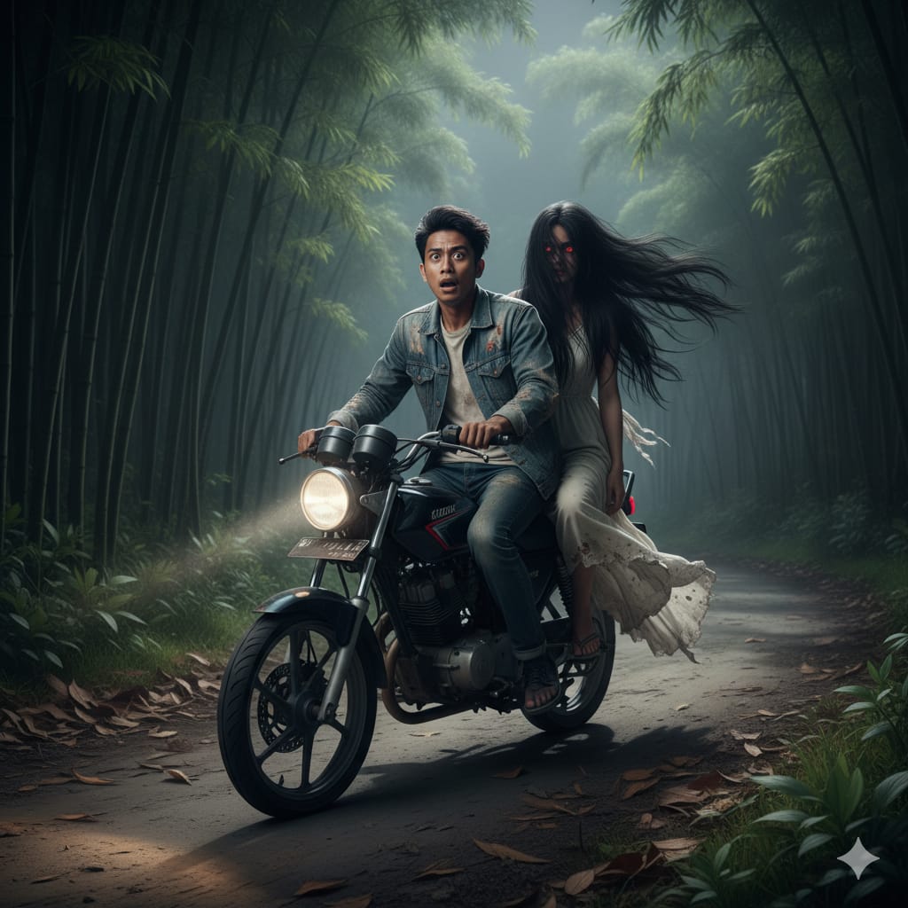Ilustrasi : Pengendara motor ketakutan setelah tahu ada hantu perempuan yang membonceng motornya. (ai/Sulistiono)