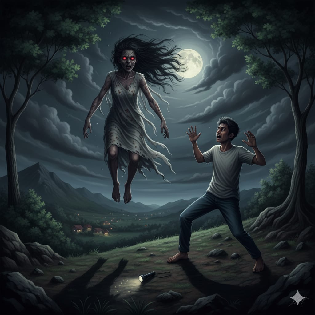 Ilustrasi penampakan makhluk menyeramkan penunggu Bukit Kembar. (ai/Sulistiono)