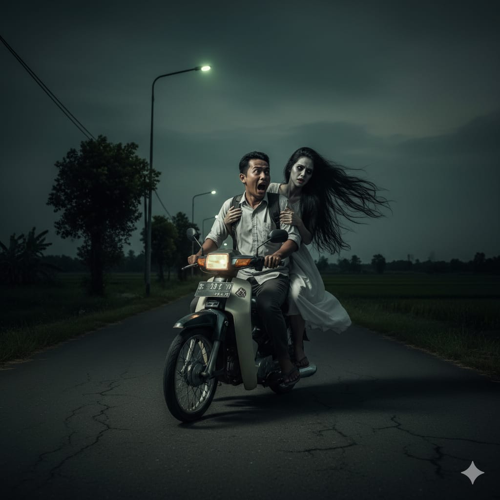 Ilustrasi : Pulang lembur tengah malam, pekerja swasta ini diganggu penampakan hantu perempuan ditikungan jalan. (ai/Sulistiono)