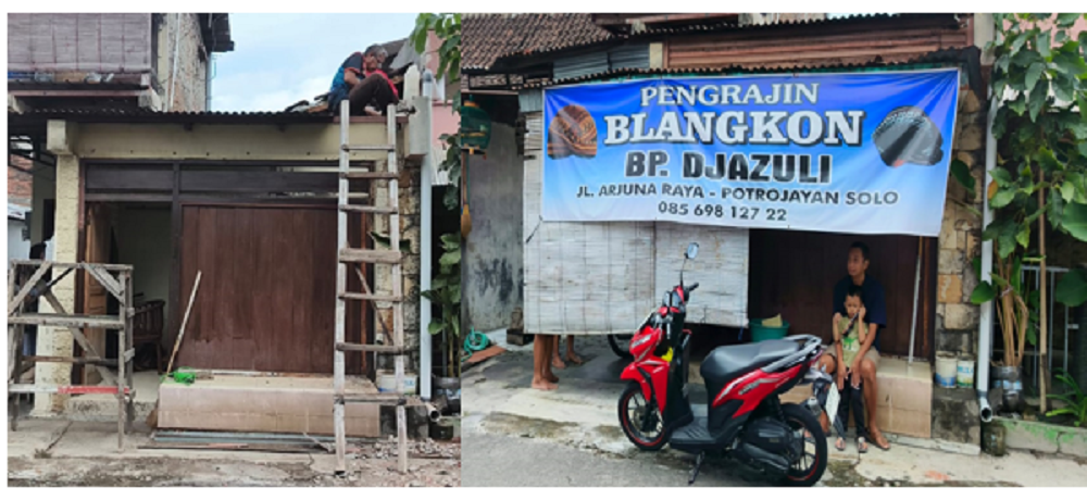 Rumah perajin blangkon Jazuli sebelum dan sesudah direnovasi menjadi ruang pamer yang layak untuk kemajuan komunitas perajin blangkon Paguyuban Maju Utomo Potrojayan, Serengan, Surakarta.