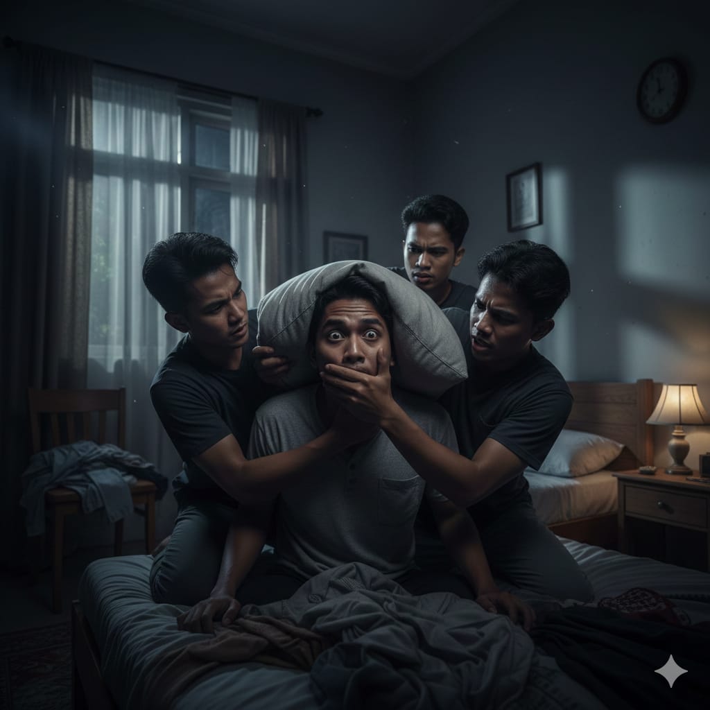 Ilustrasi :Tiga pria menyadarkan temannya yang tengah kesurupan. ai/Sulistiono)