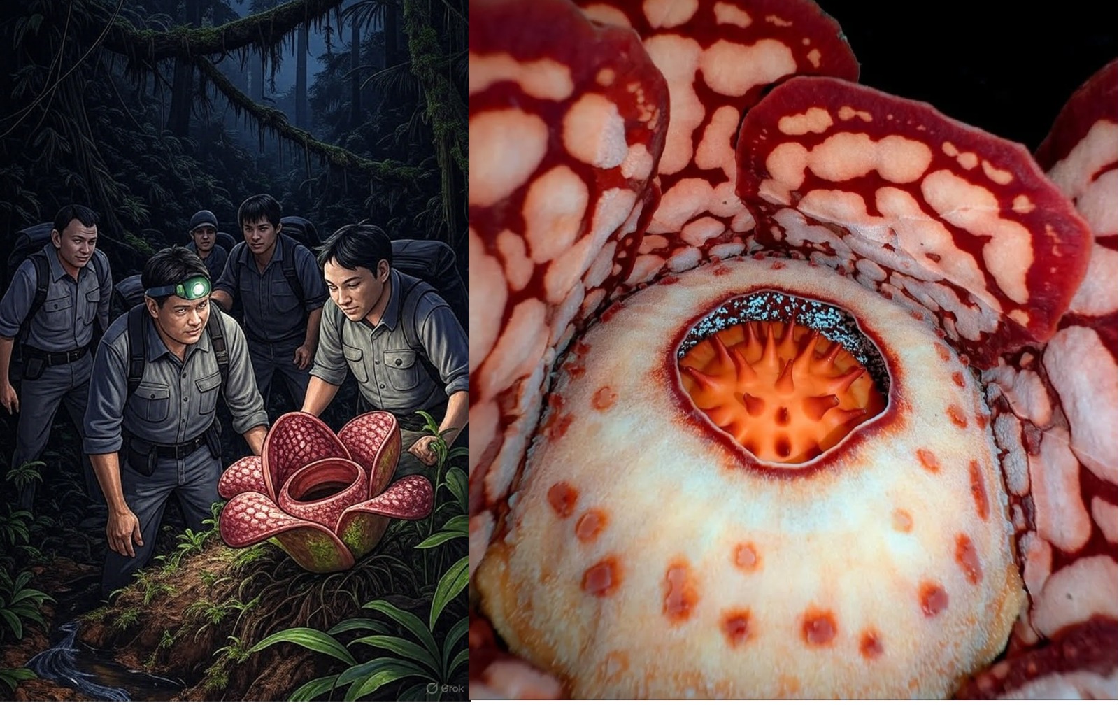 Ilustrasi Tim Peneliti berhasil menyaksikan Rafflesia hasseltii mekar di malam gelap.