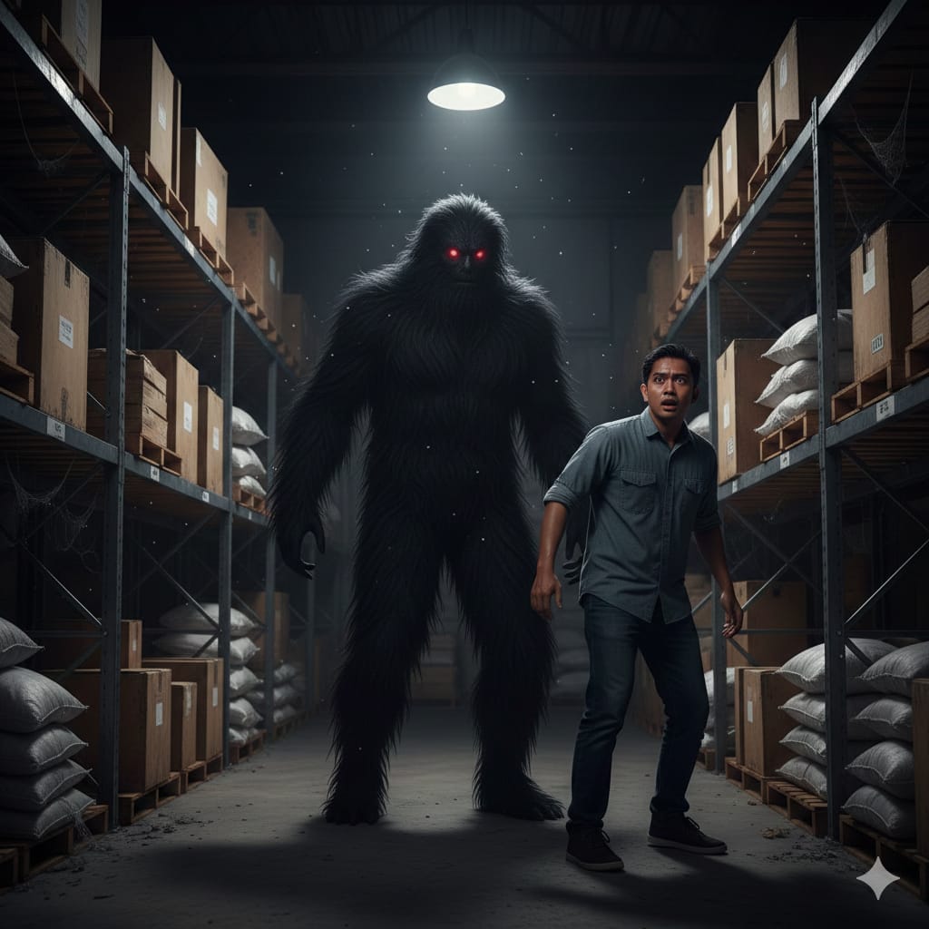 Ilustrasi: Seorang pria ketakutan saat melihat penampakan genderuwo didalam gudang pada malam hari. (ai/Sulistiono)