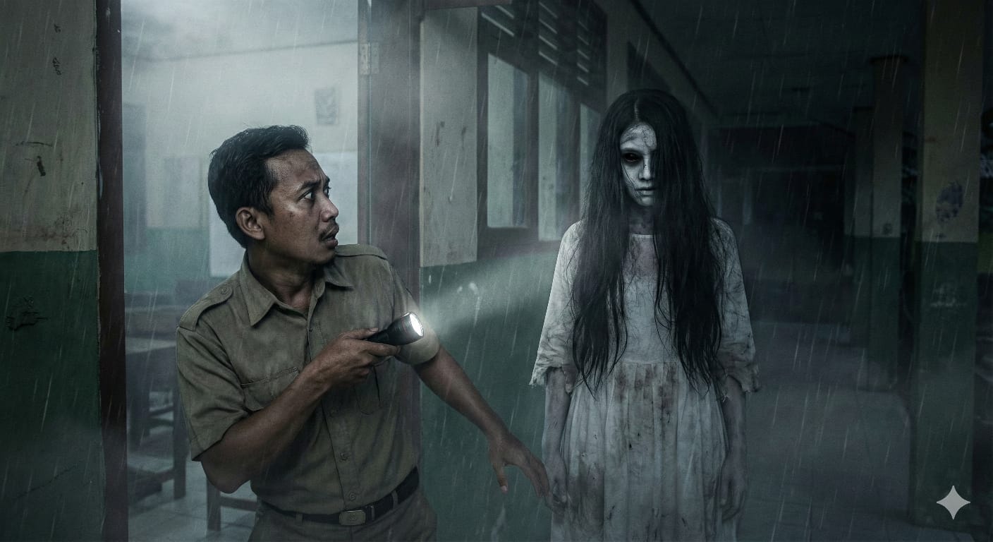 Ilustrasi :penjaga sekolah ketakutan melihat penampakan hantu perempuan didepan ruang kelas. (ai/Sulistiono)