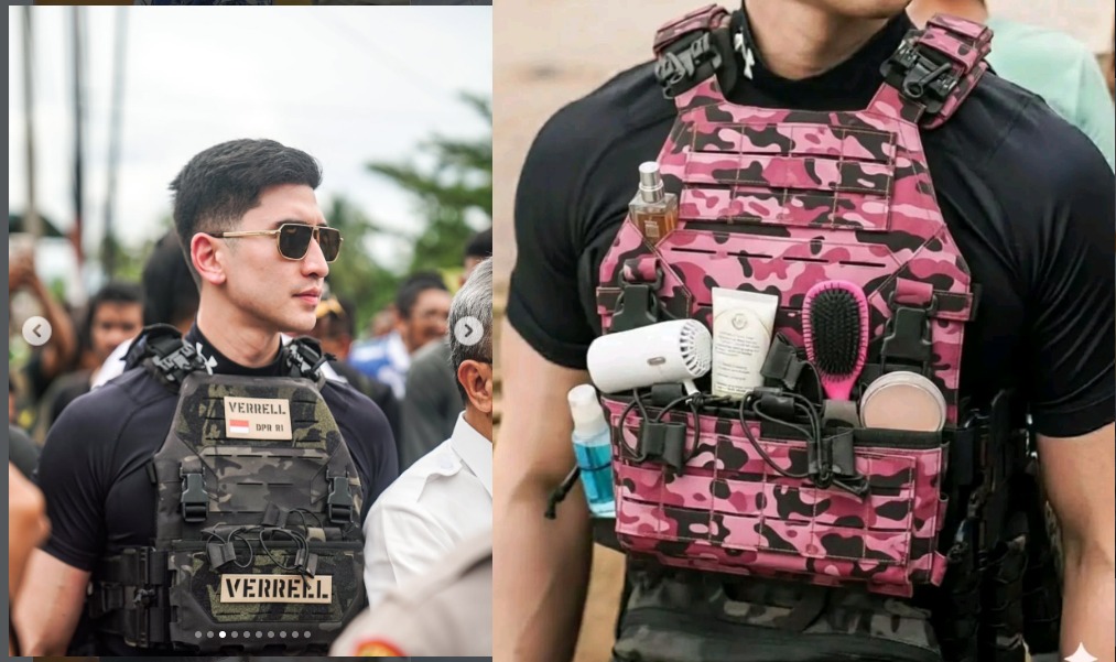 Rompi yang dipakai oleh Verrel Bramasta dan diposting di istagram saat kunjungan ke wilayah banjir di Sumatera dan rompi editan netizen julid.