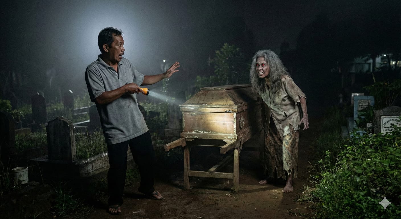 Ilustrasi penjaga makam terkejut melihat penampakan keranda dan perempuan tua. (ai/Sulistiono)