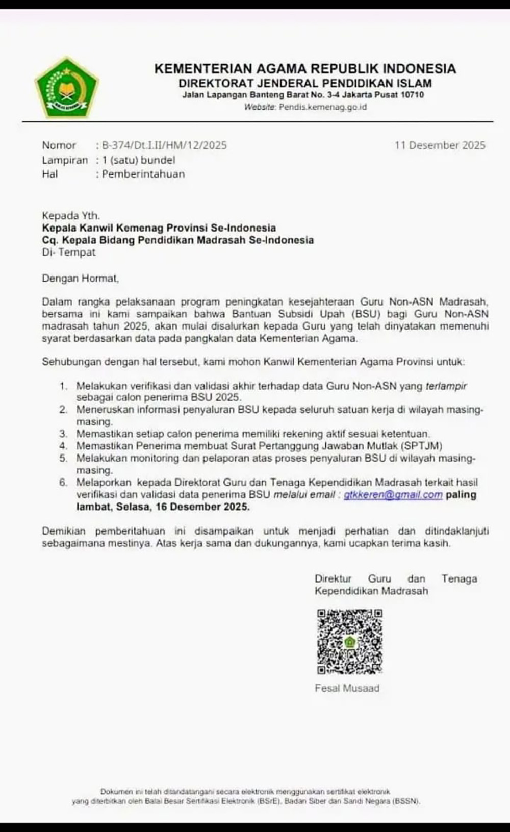 BSU bagi guru non ASN madrasah tahun 2025