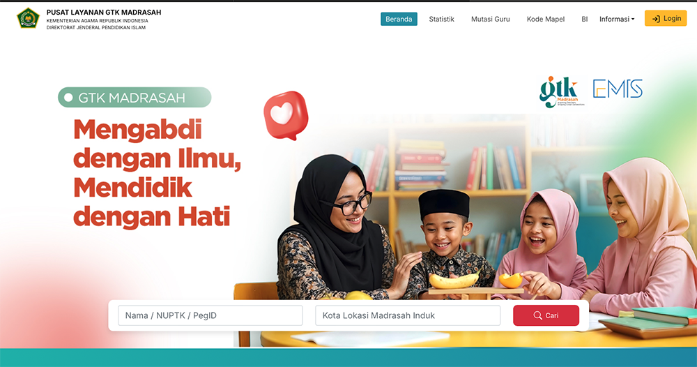 - Buka portal EMIS GTK di laman resmi :  https://emisgtk.kemenag.go.id dengan perangkat yang terhubung internet.