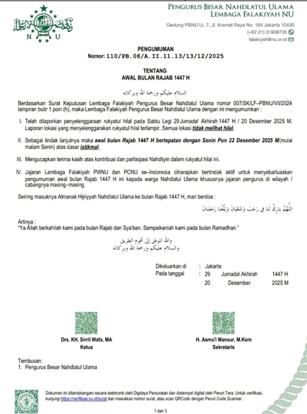 hasil Rukyatul Hilal 1 Rajab PBNU