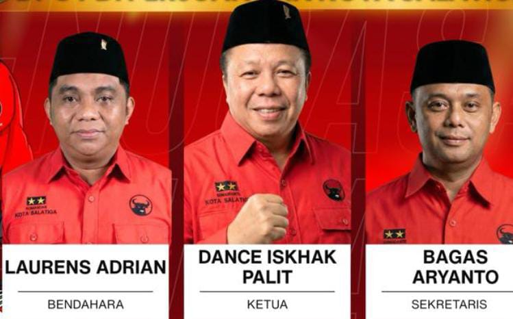 Dance Ishak Palit kembali terpilih sebagai ketua DPC PDIP Kota Salatiga periode 2025-2030.  Kali ini dia didampingi Bagas Aryanto sebagai sekretaris dan Laurens Adrians sebagai bendahara.