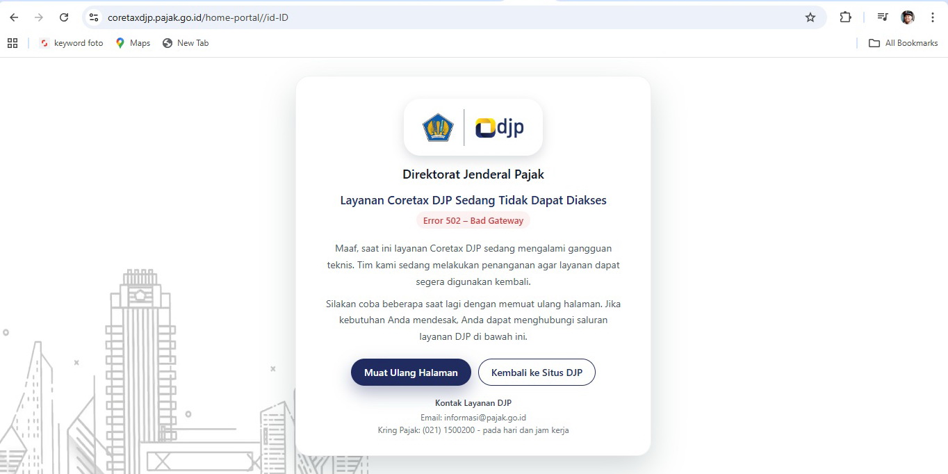 Tangkapan layar, layanan DJP core tax yang mengalami gangguan