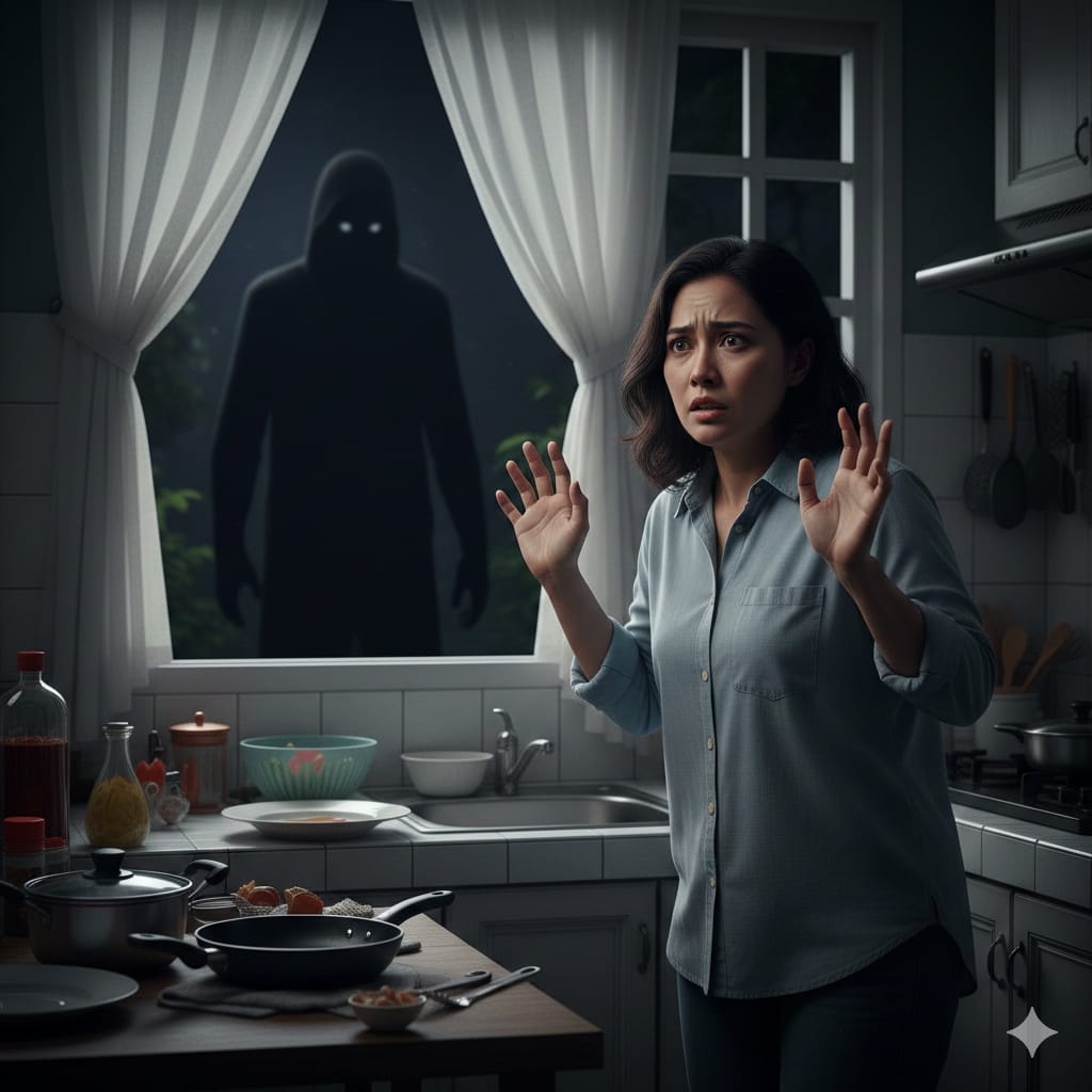 Ilustrasi :Seorang perempuan ketakutan melihat penampakan bayangan hitam didapurnya. (ai/Sulistiono)