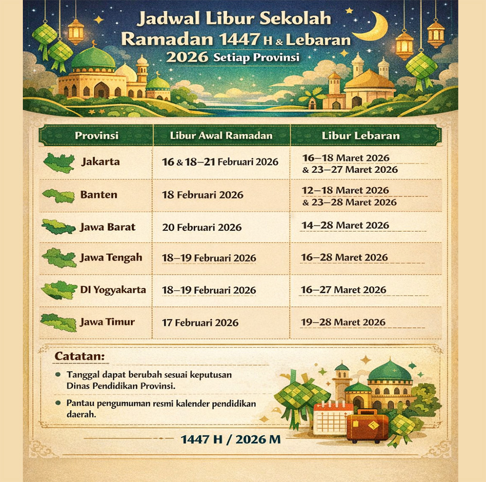 Prediksi Jadwal Libur Sekolah Ramadan 1447 H dan Lebaran 2026 Setiap Provinsi