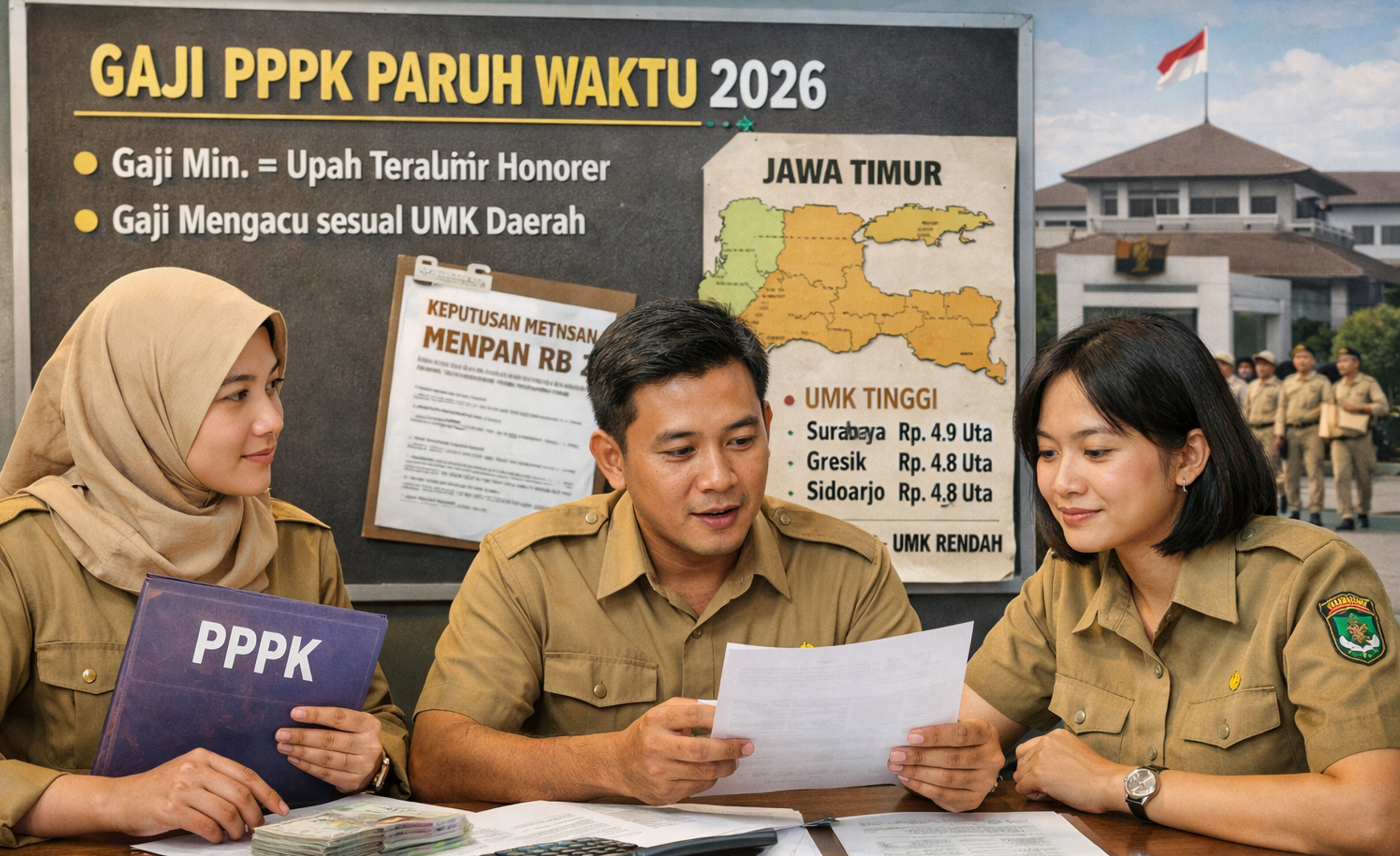 Gaji PPPK Paruh Waktu 2026 tidak sama di setiap daerah. Cek aturan MenPAN RB, sistem UMK, dan potensi gaji di Jawa Timur.