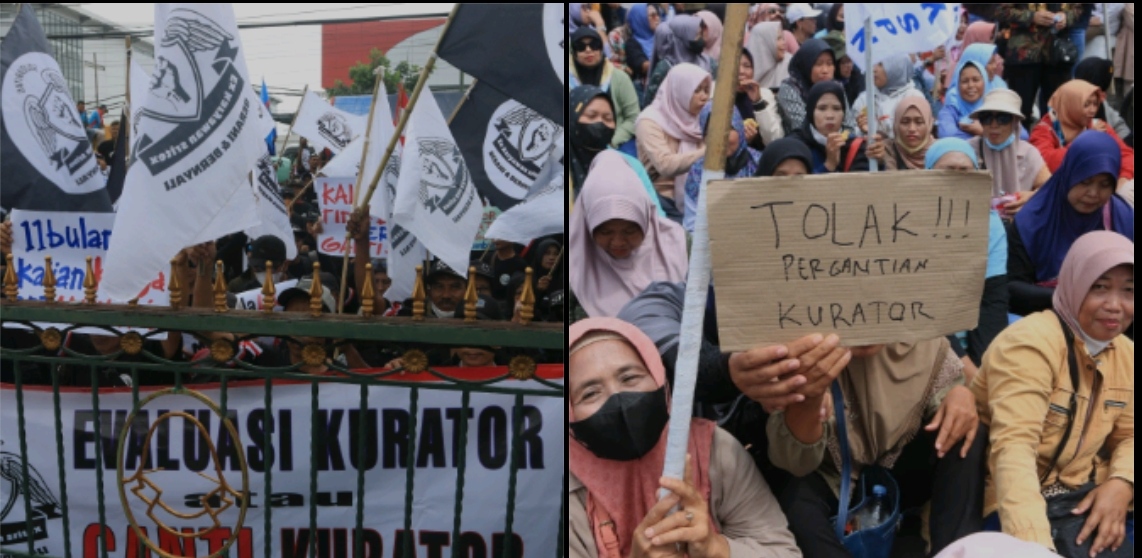 Ratusan karyawan ex PT Sritex melakukan demo di depan Pengadilan Negeri Semarang. Foto kiri meminta kurator diganti, (12/1/2026). Foto kanan menolak pergantian kurator (20/1/2026).