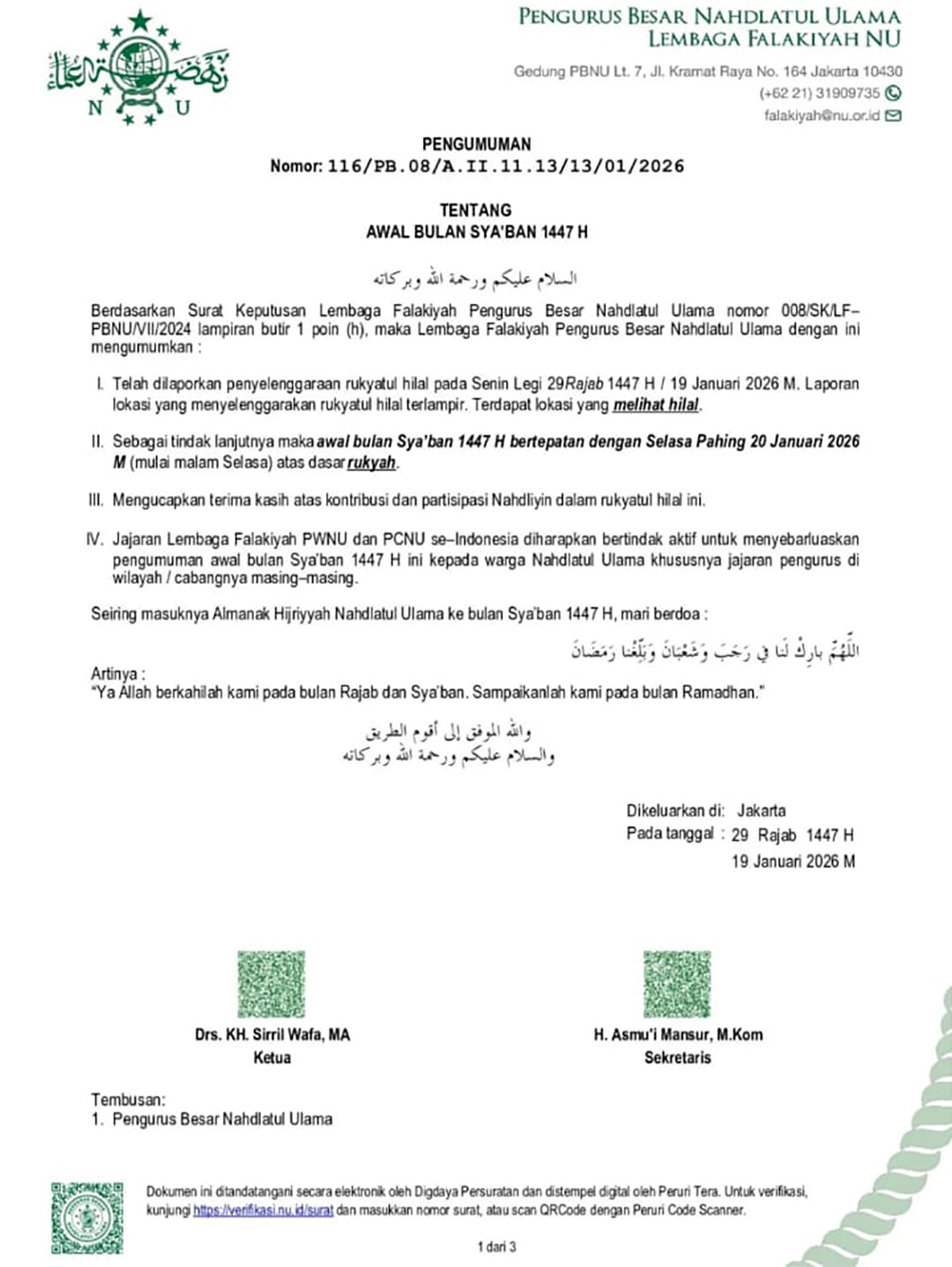 Surat LF PBNU Terbit Bulan Syaban 1447 H Tiba, Nisfu Syaban Jatuh pada 3 Februari 2026, Berikut  Amalan Sunnah dan Keistimewaannya