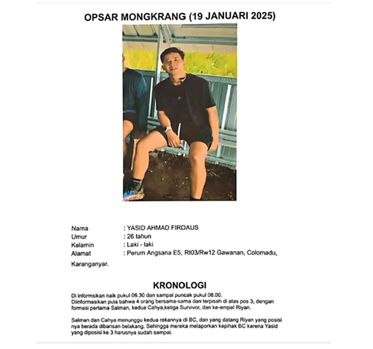 Sosok Yasid Ahmad Firdaus Pendaki yang Hilang di Bukit Mongkrang Gunung Lawu