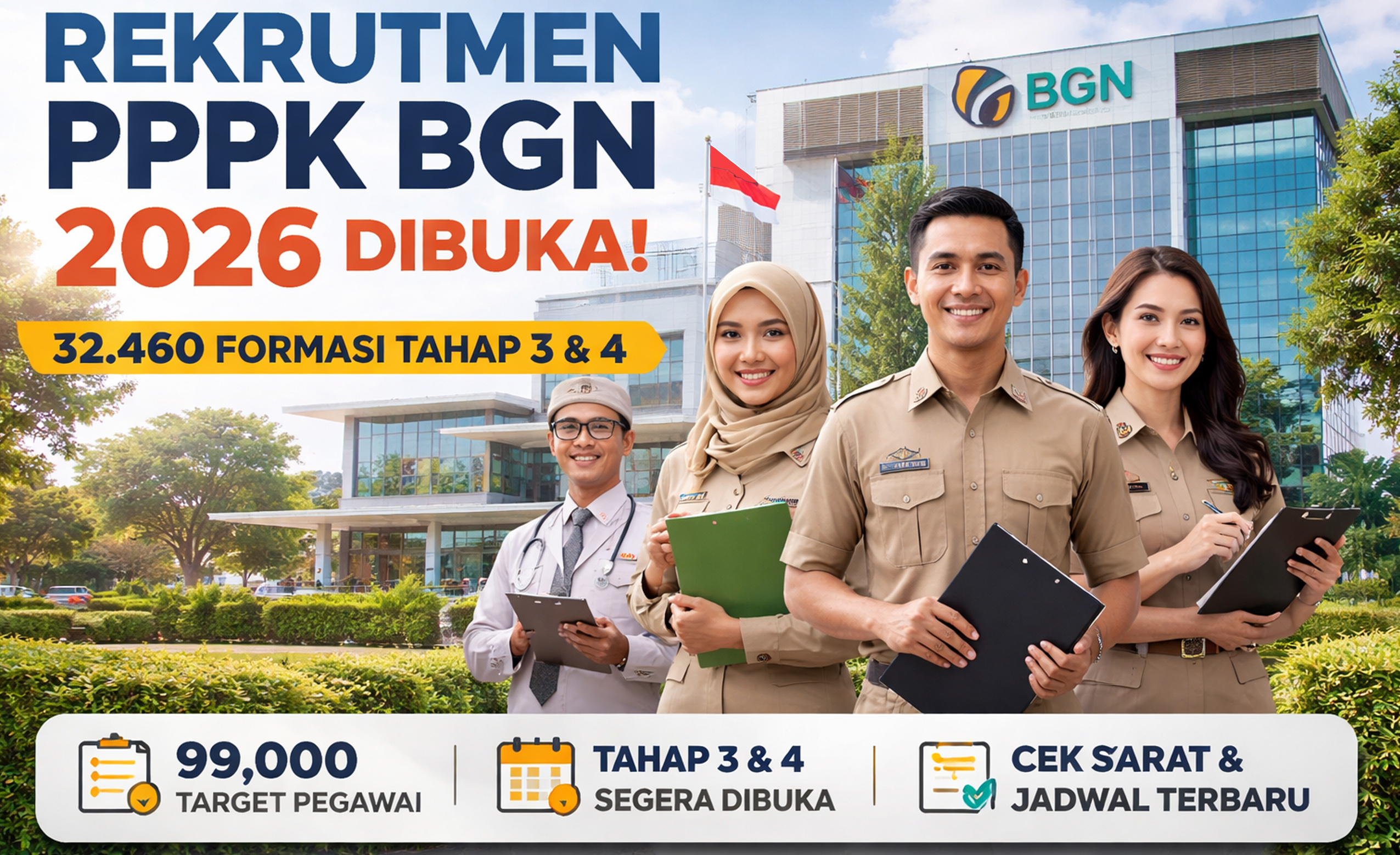 Badan Gizi Nasional menargetkan 99.000 PPPK di 2026. Rekrutmen Tahap 3 dan 4 segera dibuka. Cek informasi resmi, formasi, dan dokumen persyaratan lengkap.