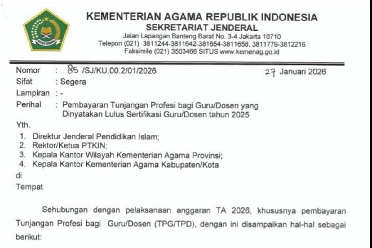 Kemenag Mengumumkan Pencairan Tunjangan Profesi Guru dan Dosen (TPG TPD) Bagi Guru dan Dosen Ditunda