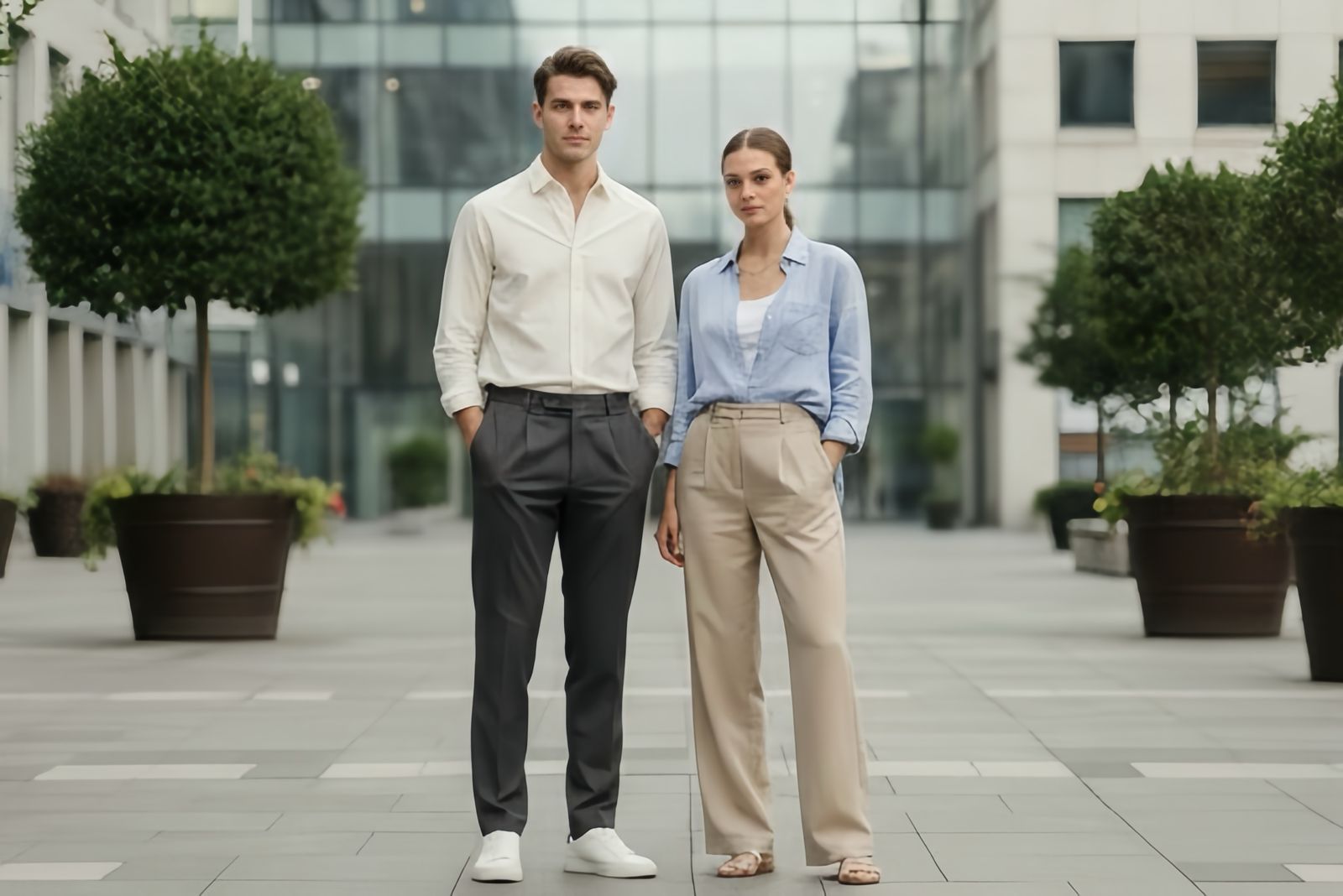 Pasangan berpakaian clean outfit berjalan santai di area perkotaan pada pagi hari.