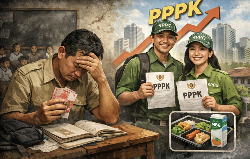 Ironis nasib guru honorer yang digaji tidak layak. (Ilustrasi AI)