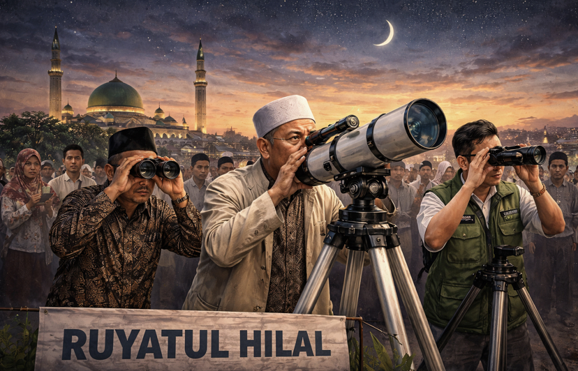 Rukyatul hilal (Ilustrasi AI).