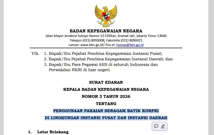 BKN resmi terbitkan Surat Edaran Nomor 2 Tahun 2026 tentang penggunaan seragam batik Korpri bagi ASN. Simak jadwal dan aturannya.