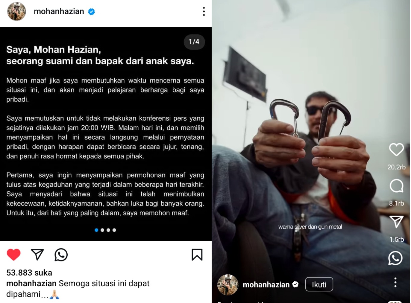 Mohan mengunggah pernyataan tertulis panjang di feed Instagram-nya.