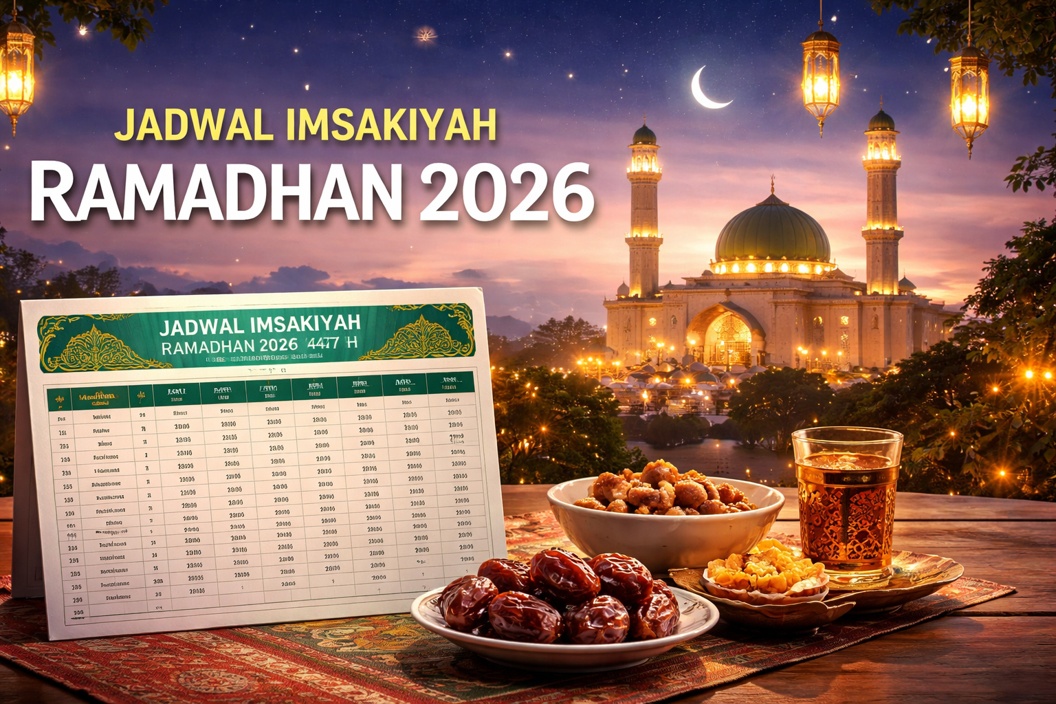 Jadwal imsakiyah Ramadhan 2026 resmi Kemenag seluruh Indonesia. Lengkap waktu imsak, salat, buka puasa, dan download jadwal puasa.