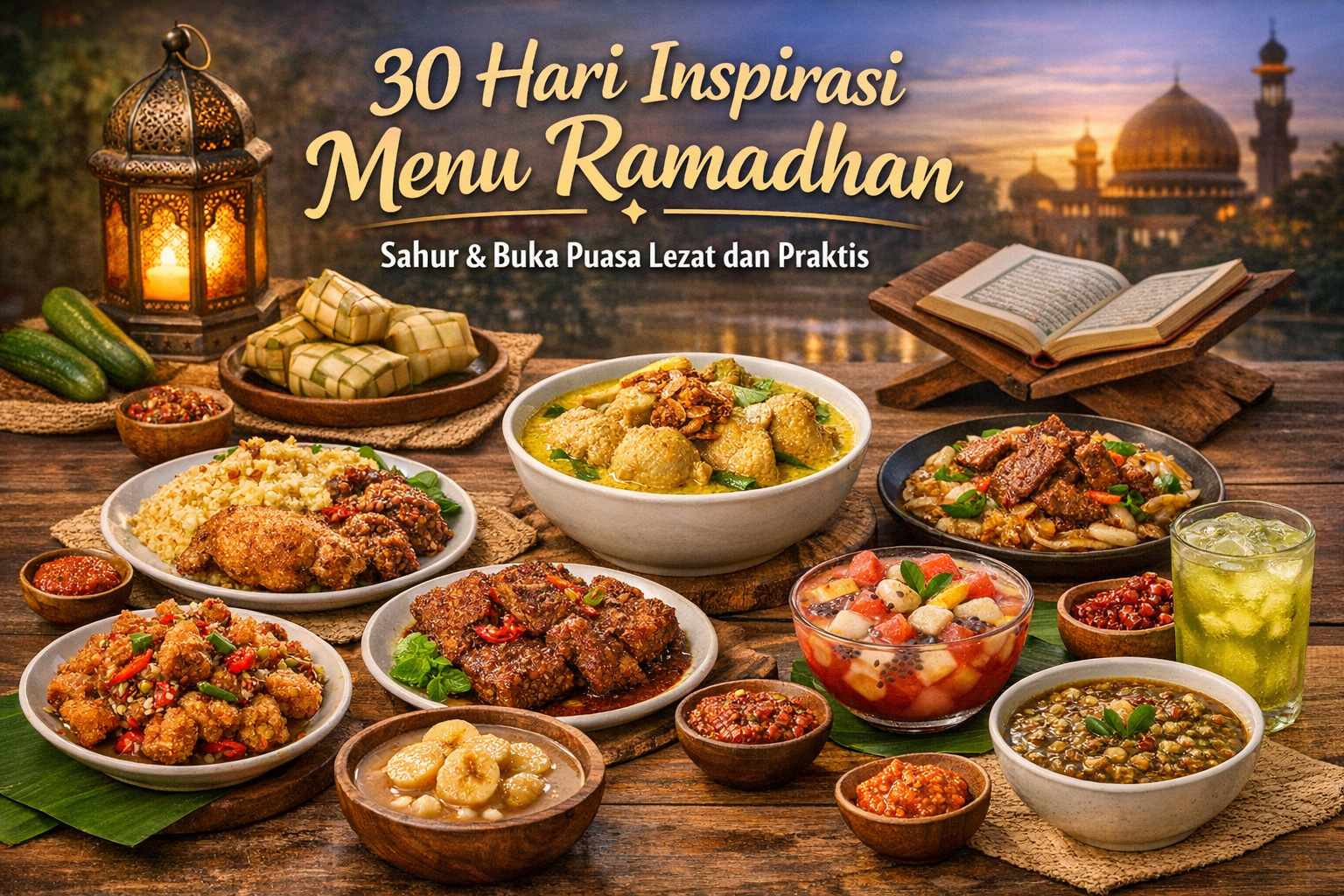 Menu Ramadhan 2026 lengkap 30 hari, dari nasi uduk, opor ayam, gulai padang hingga es takjil segar. Solusi anti bingung saat puasa.