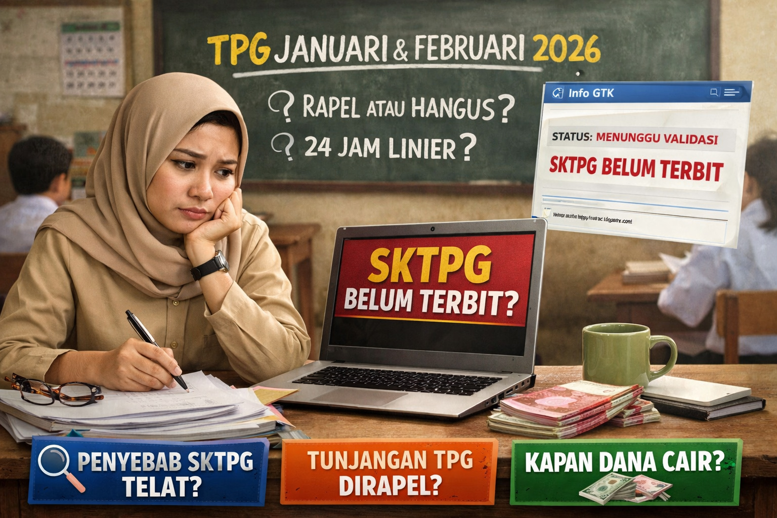 SKTP Januari belum terbit? Simak penjelasan lengkap penyebab keterlambatan dan prediksi kapan TPG cair. Cek timeline resmi 12&ndash;15 Februari dan mekanisme pencairan terbaru guru.