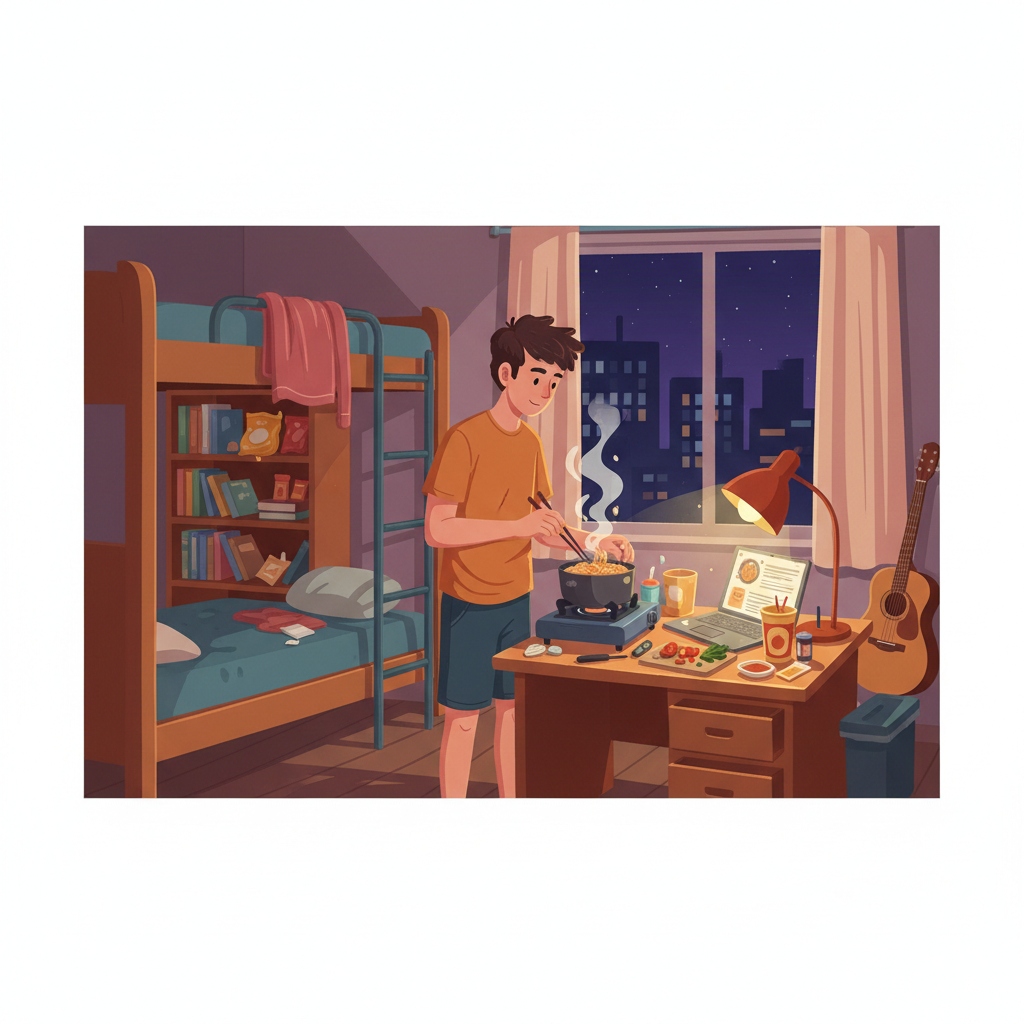 Ilustrasi Anak Kost sedang memasak