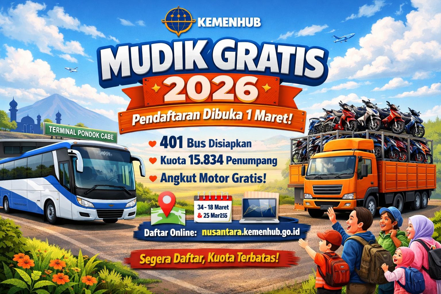 Mudik gratis Lebaran 2026 resmi dibuka Kemenhub. Simak link daftar online, jadwal arus mudik dan balik, serta rute 34 kota tujuan.
